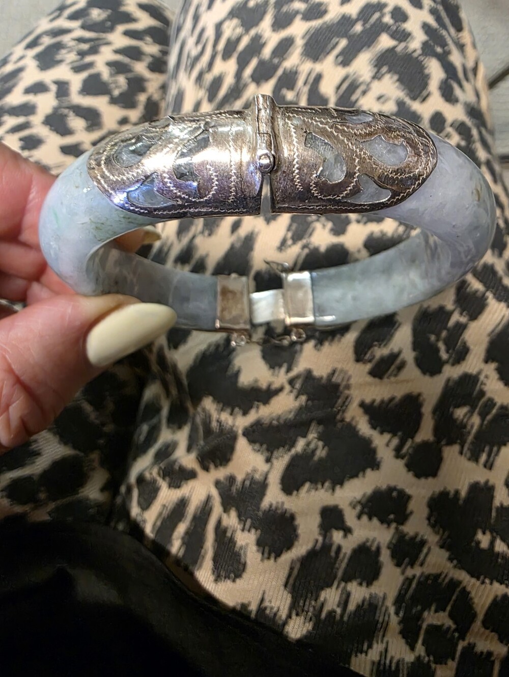 Green Jade Bangle Bracelet with Decorative Silver Accent,certificate Included.